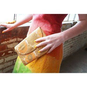 Silk Brocade Floral Metallic Orange Gold Clutch Bag Vintage Accessories